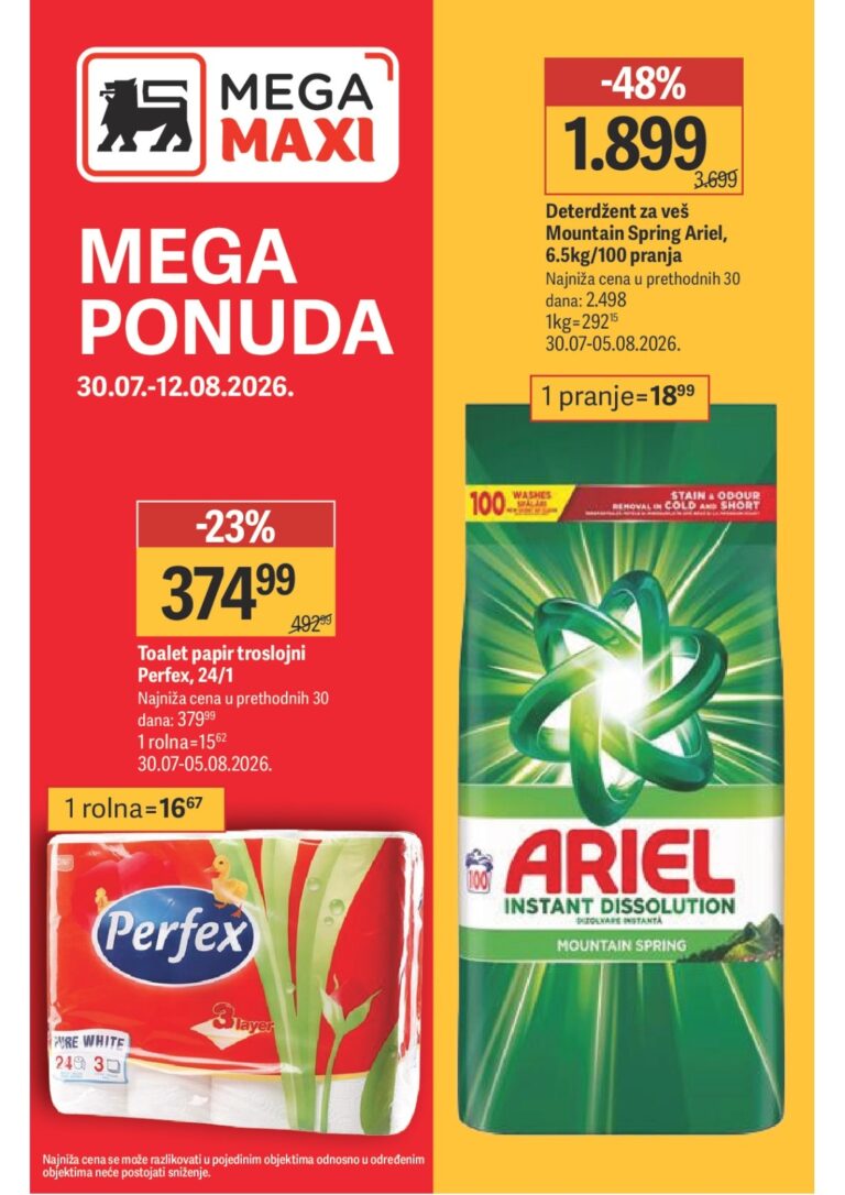 Mega Maxi katalog akcija strana 1 – važi od 30.7. do 12.8.2026.